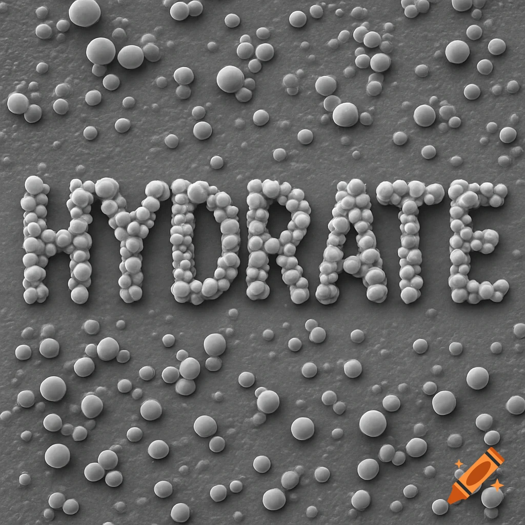 The word HYDRATE spelled out by spherical particles on a textured gray background, resembling an electron microscope image.