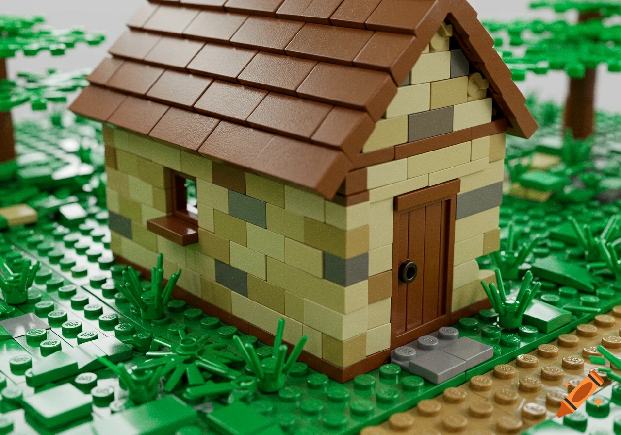 A miniature Lego house with a brown roof and mixed tan and gray walls, surrounded by green Lego landscape elements.