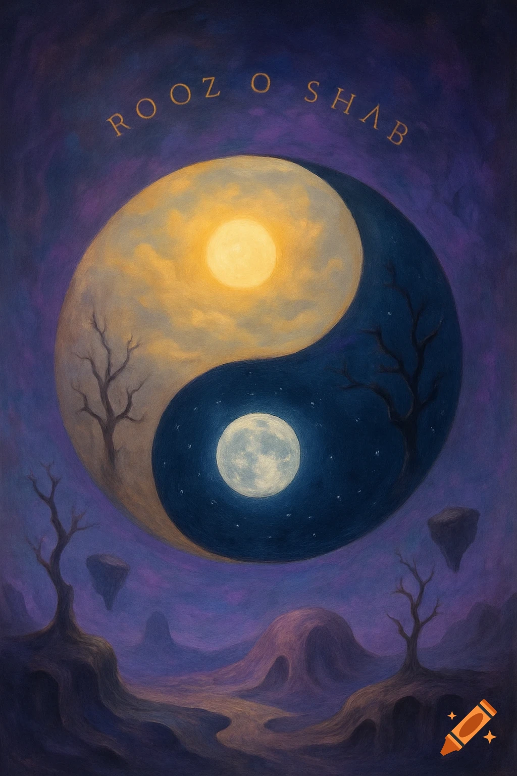 Surreal painting of a yin-yang symbol depicting a golden sun and a full moon over a purple landscape with trees.