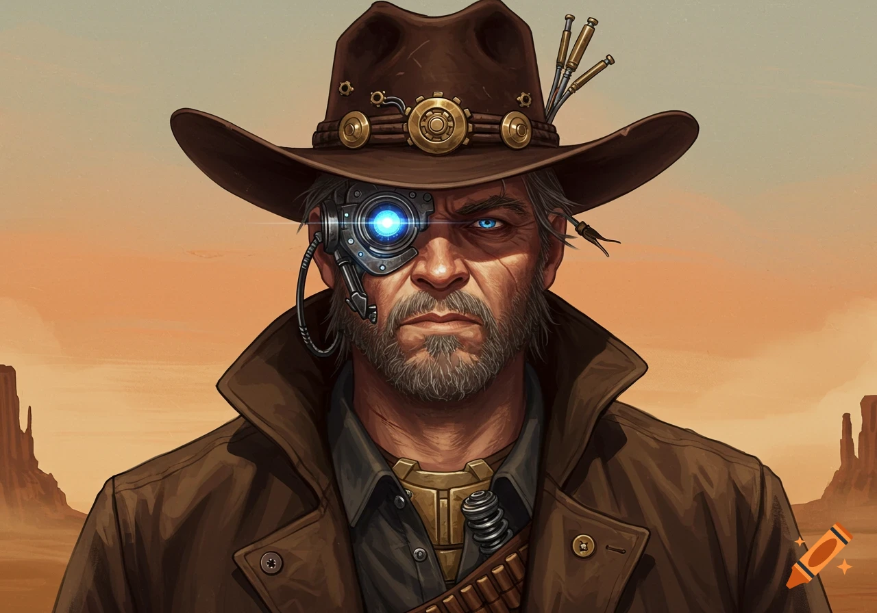 A detailed illustration of a cybernetic steampunk cowboy with a bright blue mechanical eye, a beard, brown hat, and coat, against a desert background.