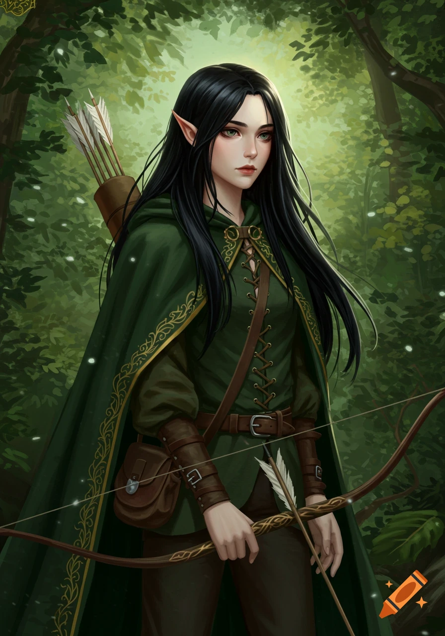 A dark-haired elf woman in a green cloak, holding a bow and arrow, stands in a sunlit forest.