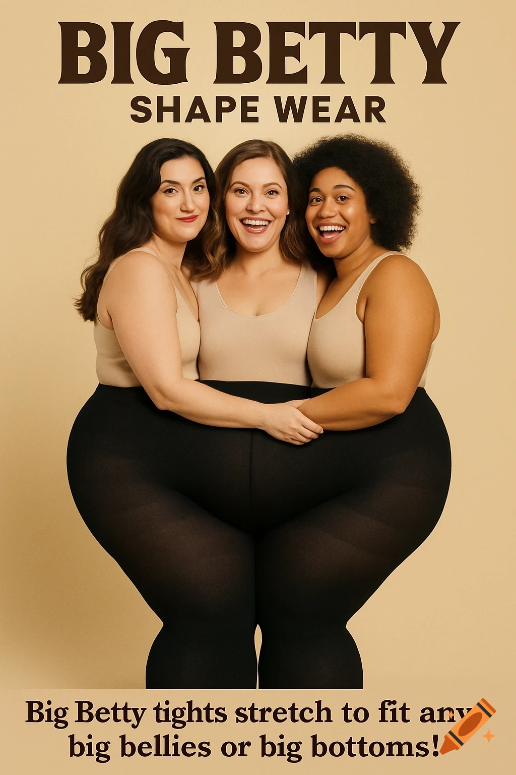 Advertisement for "Big Betty Shape Wear" with three smiling women, their bodies merged into one exaggeratedly wide pair of black tights.