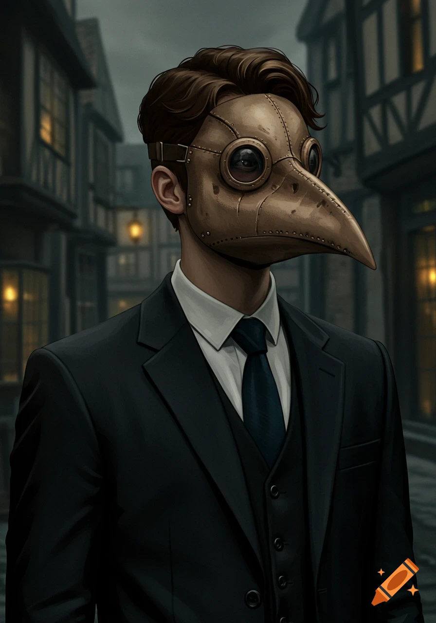 A man in a dark suit and a detailed bronze plague doctor mask stands in a dimly lit, old European street.
