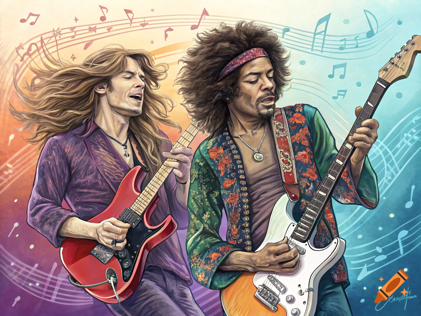 Colorful illustration of Eddie Van Halen and Jimi Hendrix playing electric guitars with musical notes in the background.