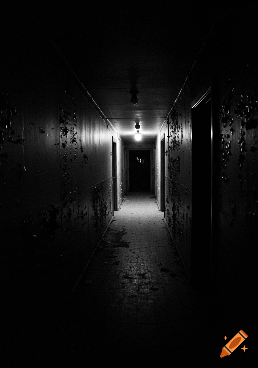 Long, dark, abandoned hallway with peeling paint and dim overhead lights, rendered in grainy black and white.