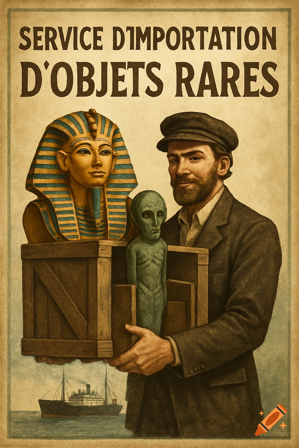 Vintage poster of a bearded man holding crates containing a pharaoh bust and an alien statue, with a ship in the background.