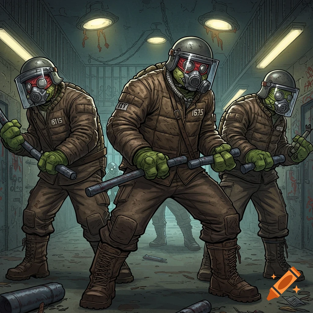 Three anthropomorphic figures resembling Ninja Turtles in brown riot gear and gas masks, holding batons in a dimly lit, graffiti-covered corridor.