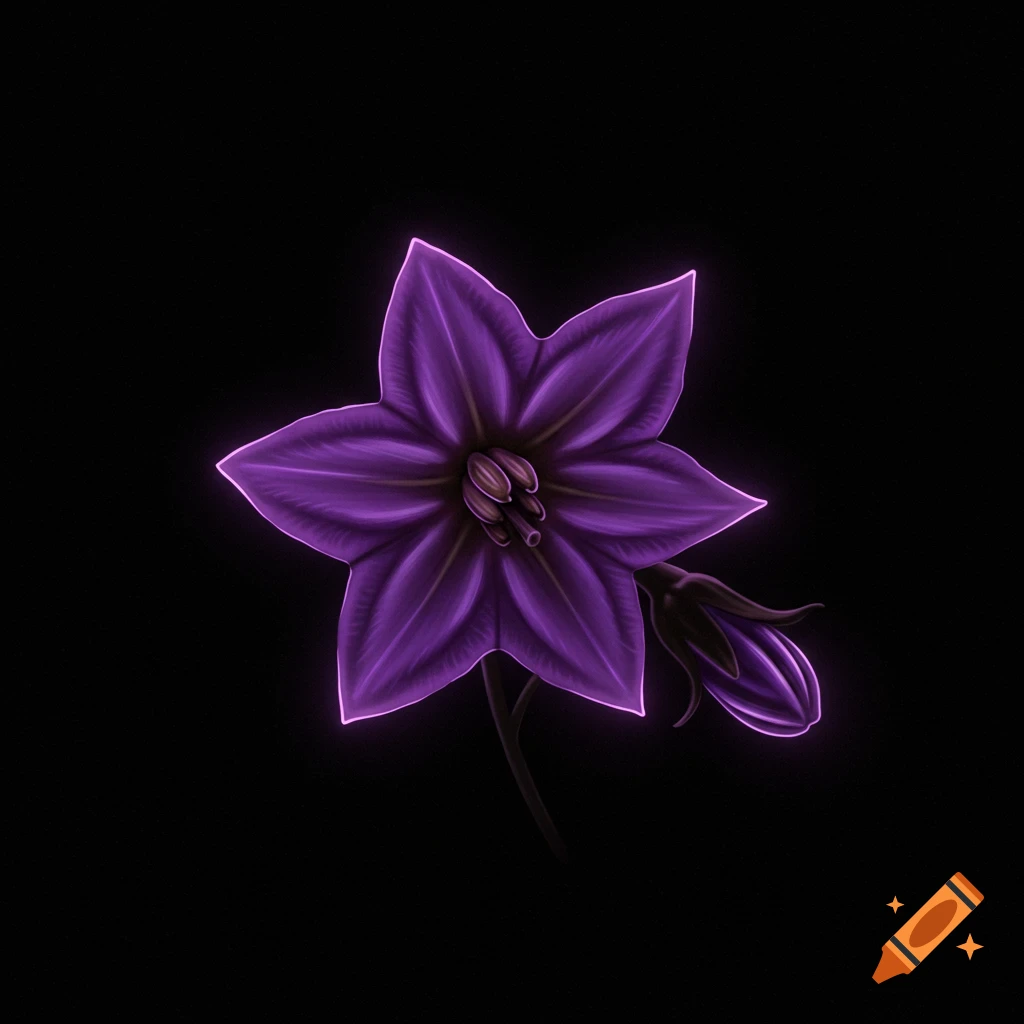 A glowing purple nightshade flower with a bud on a black background, digital art style.