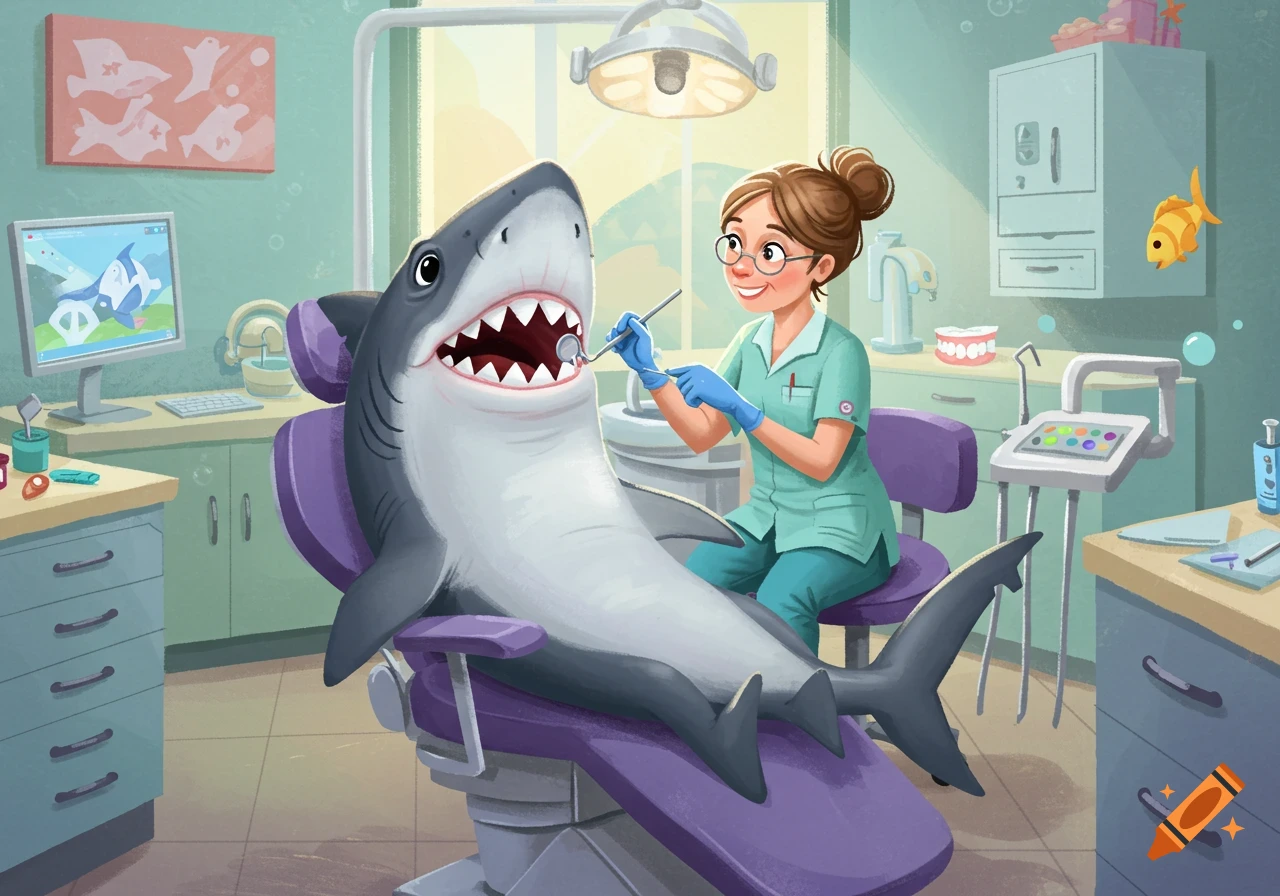 A cartoon illustration of a friendly shark sitting in a purple dental chair while a female dentist in blue gloves checks its teeth.