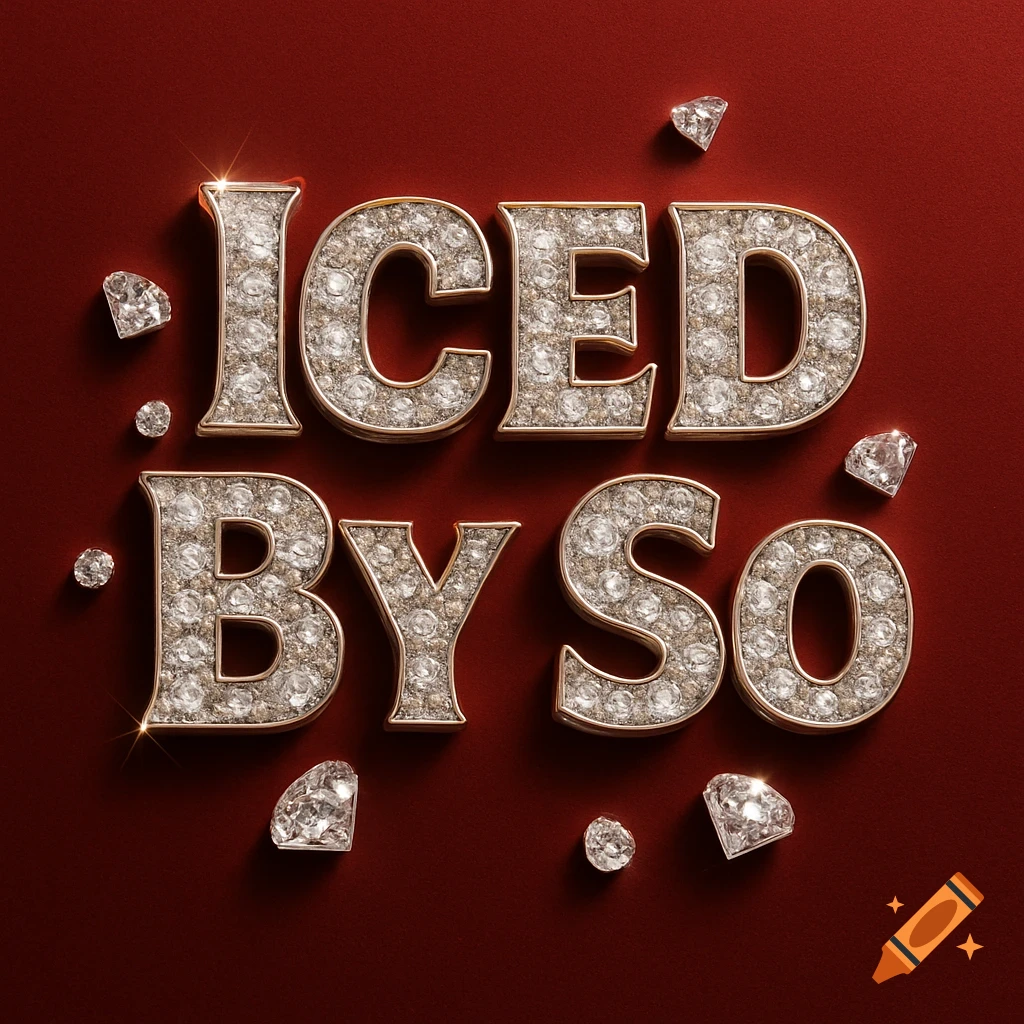 3D gold and diamond letters spelling 'ICED BY SO' on a deep red background with scattered diamonds.