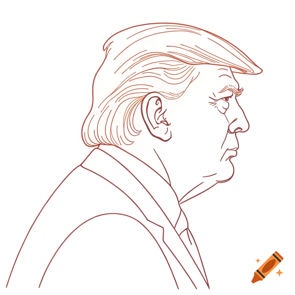 A minimalistic continuous one-line drawing of Donald Trump in side profile on a plain background.