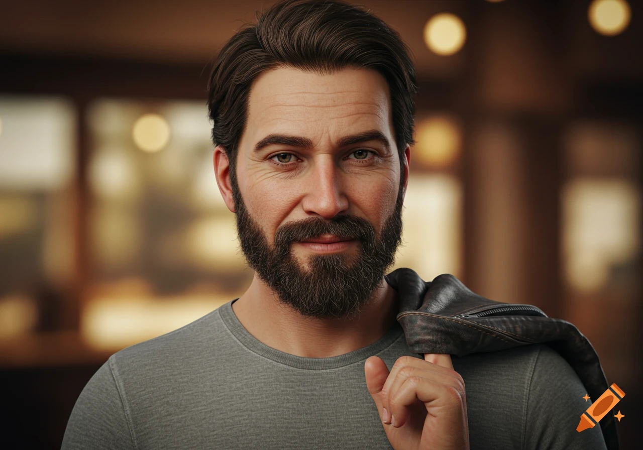 A hyperrealistic portrait of a man with a beard, wearing a grey t-shirt and holding a leather jacket over his shoulder.