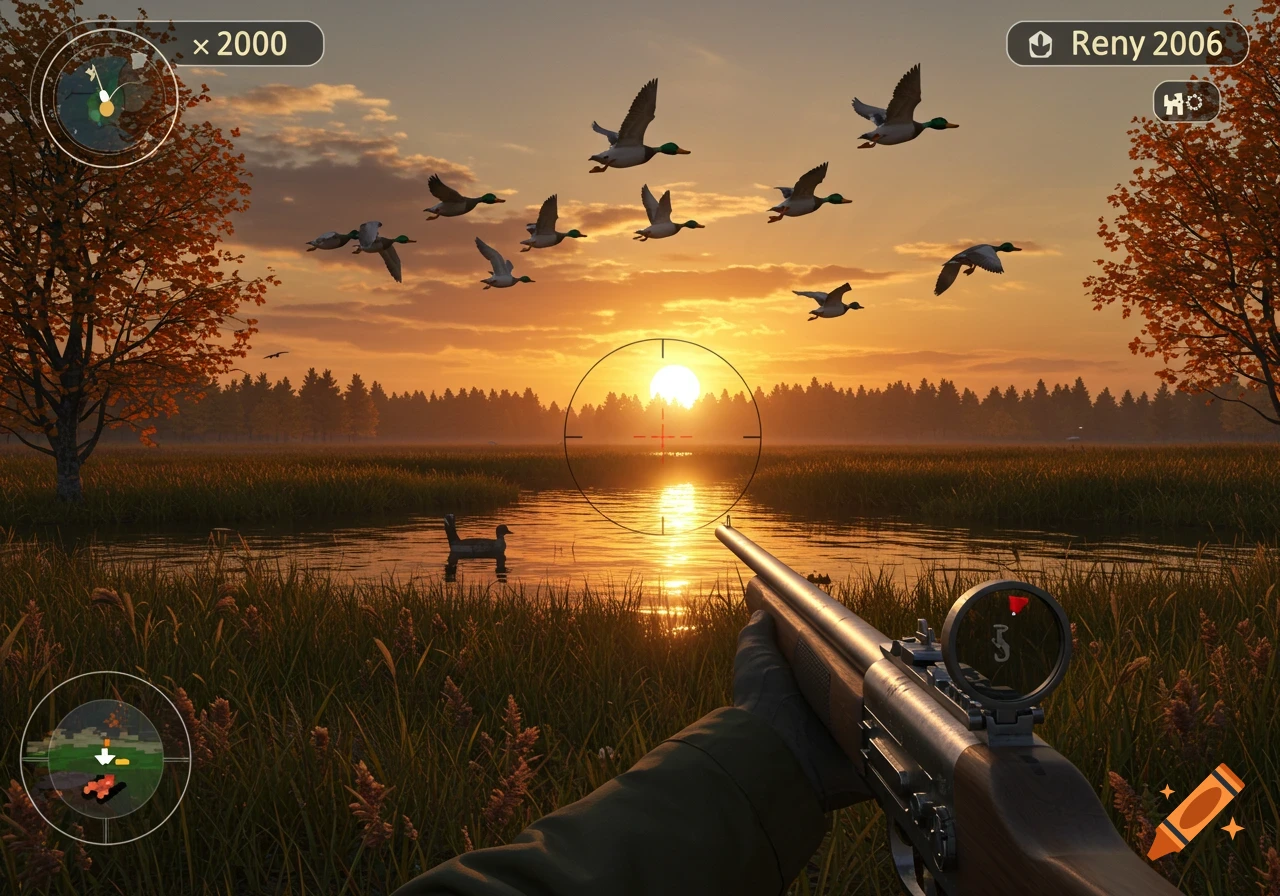 First-person view of a duck hunting video game with a shotgun, flying ducks, and UI at sunset over a marsh.