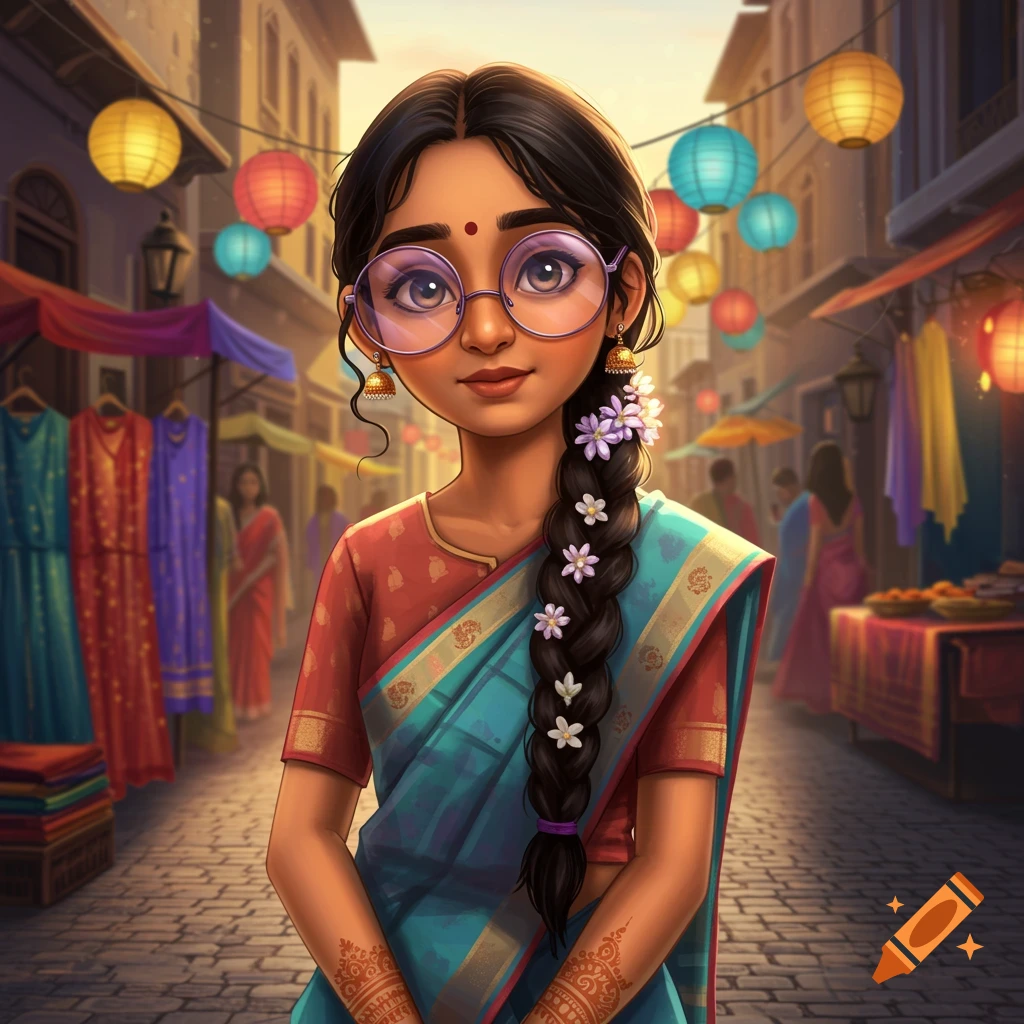 An animated Indian girl with a long braid and purple glasses stands in a vibrant market street with colorful lanterns and clothing stalls.