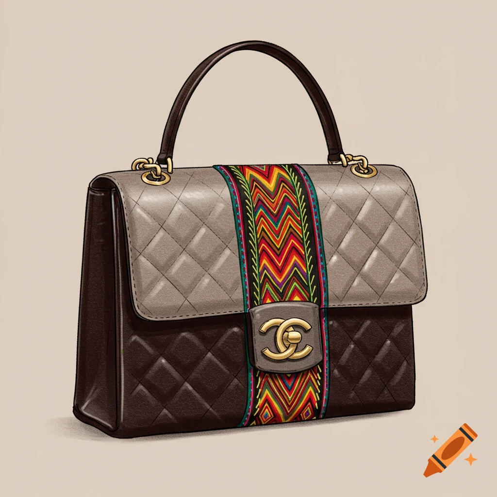 A stylish handbag, brown and light gray quilted, with a colorful woven vertical stripe and a golden interlocking C logo.