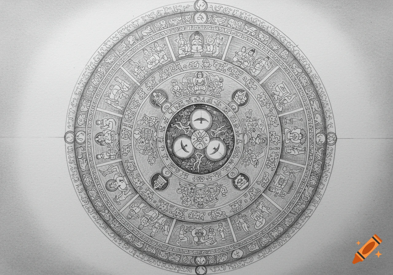 Black and white pencil sketch of an intricate Buddhist Wheel of Life mandala with figures and symbolic script.