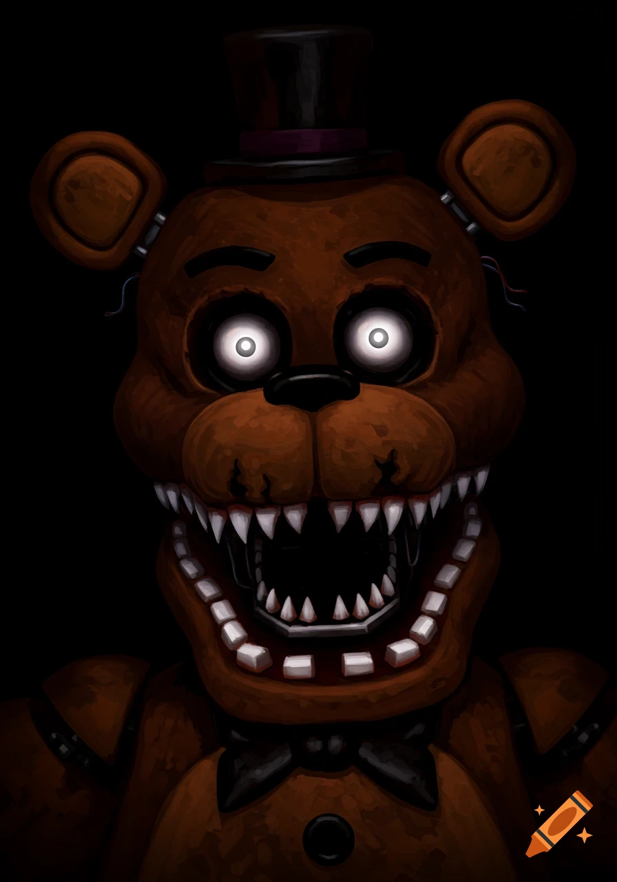 A terrifying animatronic bear with glowing white eyes and sharp teeth looms in the darkness.