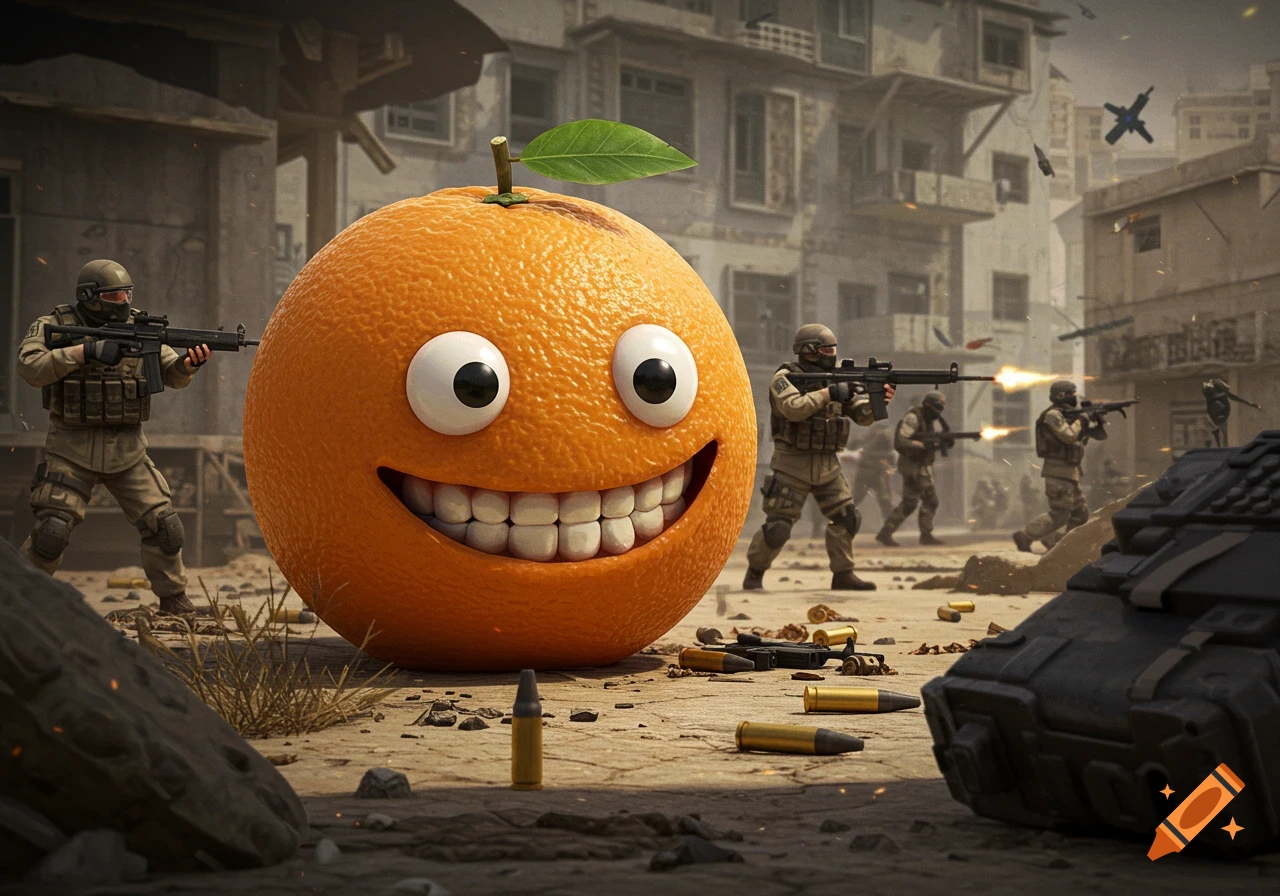Giant Annoying Orange character smiles in a photorealistic, war-torn city with armed soldiers and bullet casings.