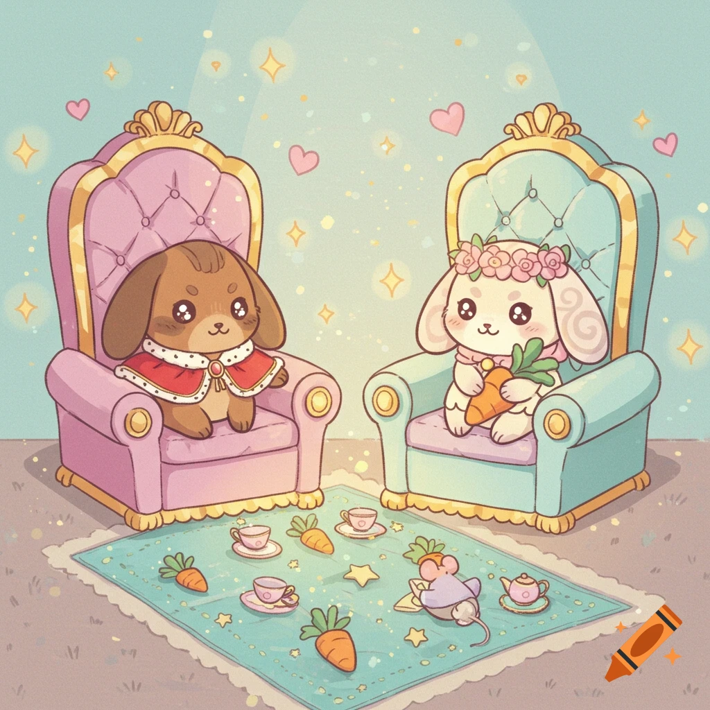 Two cute kawaii cartoon bunnies sit on pastel thrones with a mouse and tea cups on a teal blanket with carrots.