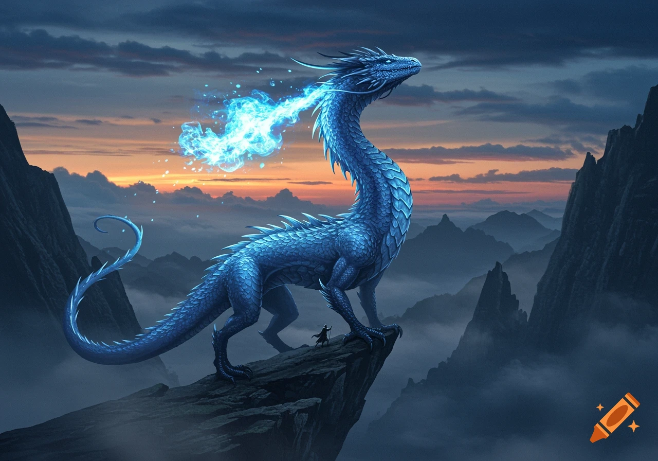 A large blue dragon with gem-like scales breathing blue flames from its mouth, standing atop a rocky mountain peak at sunset.