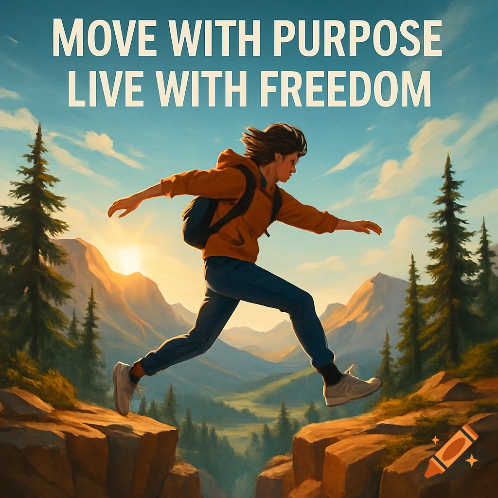 A person jumps between two rock formations in a vibrant mountain landscape with the text 'MOVE WITH PURPOSE LIVE WITH FREEDOM' above. Stylized digital art.