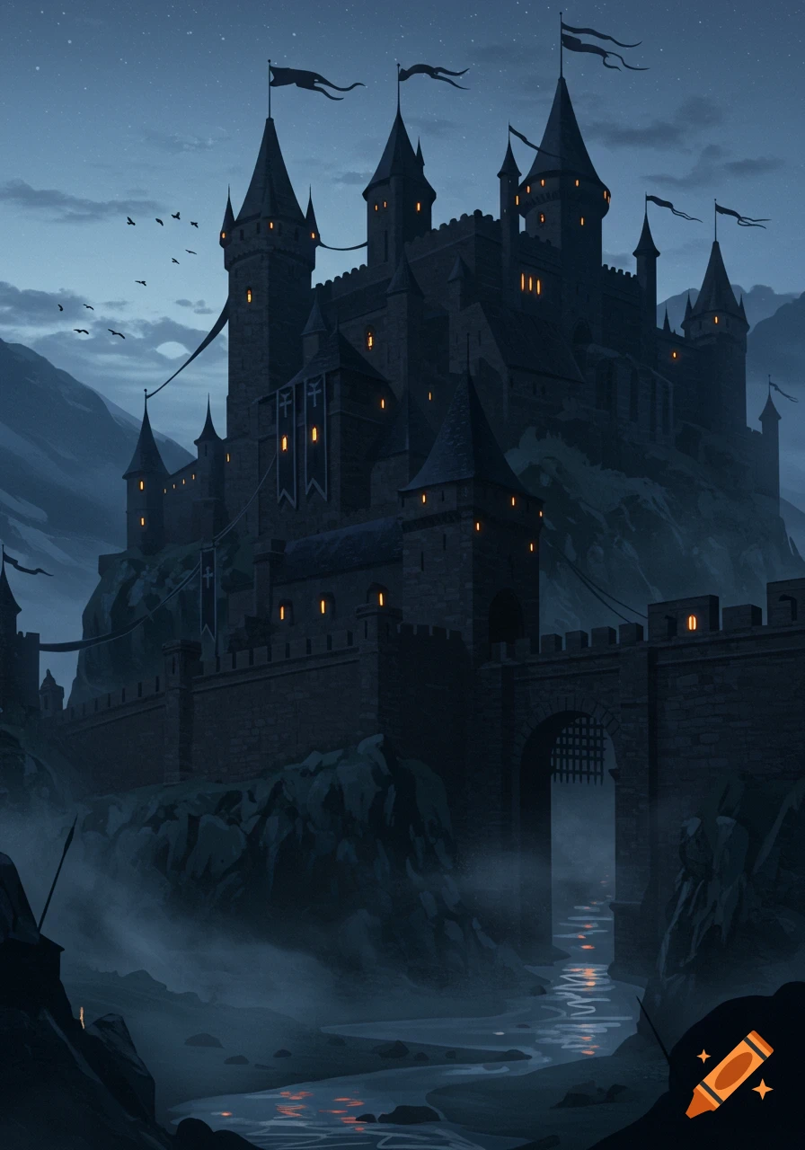 A dark, imposing medieval castle fortress stands atop a rocky peak at night, overlooking a river in a misty valley. Digital painting.