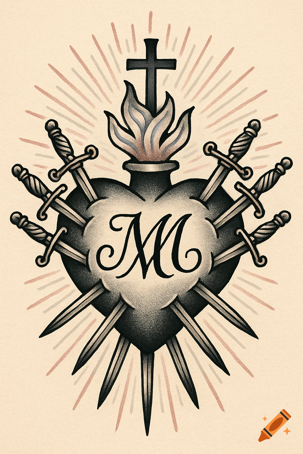 A sacred heart in traditional tattoo style, pierced by seven swords, with a cursive 'M' in the center and a cross above.