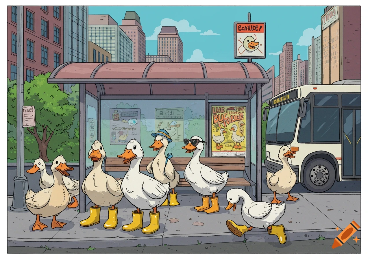 A cartoon illustration of several anthropomorphic ducks wearing yellow boots, waiting at a city bus stop, with a bus approaching.