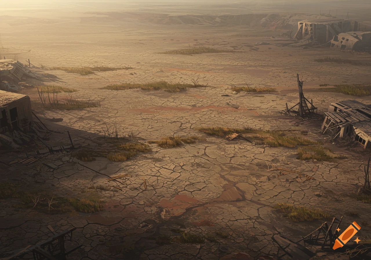 A bird's eye view of a vast, cracked barren wasteland with sparse dry vegetation and ruined structures under a hazy sky.