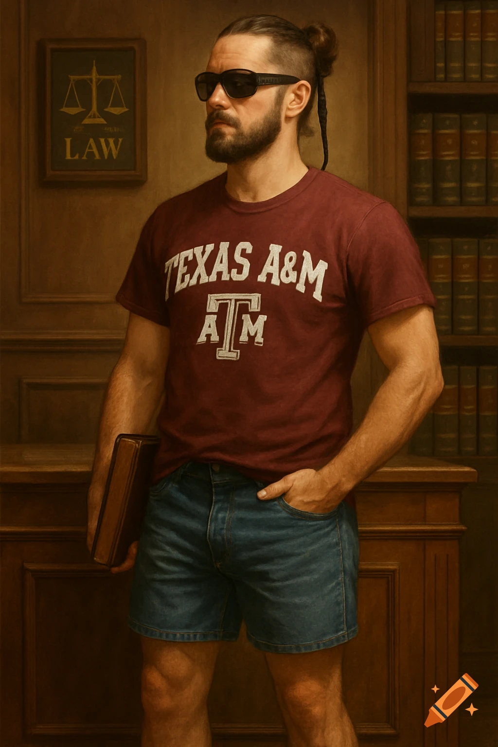 A bearded man with a man bun and sunglasses wears a Texas A&M t-shirt and jean shorts, standing in a library. Painterly style.