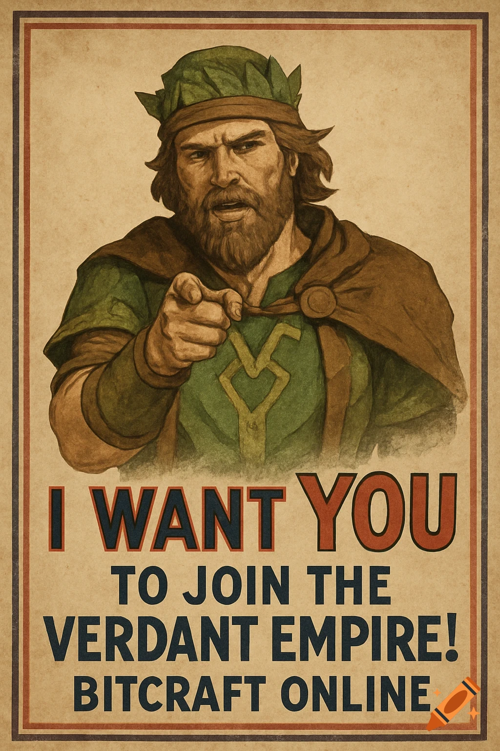 A vintage-style propaganda poster features a bearded man in a leafy crown and green tunic, pointing directly forward. Text reads: "I WANT YOU TO JOIN THE VERDANT EMPIRE! BITCRAFT ONLINE".