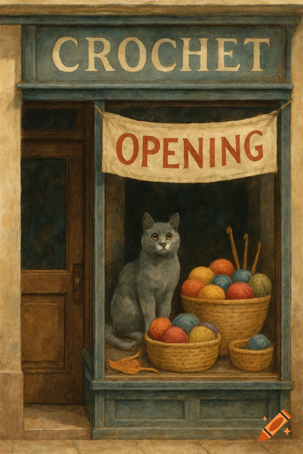 A gray cat sits in the window of a 'CROCHET' shop with an 'OPENING' banner and baskets of colorful yarn. Painterly style.