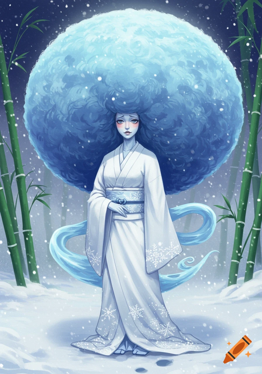 A yuki-onna in a white kimono with a massive, spherical blue afro and an embarrassed expression stands in a snowy bamboo forest in a Japanese art style.