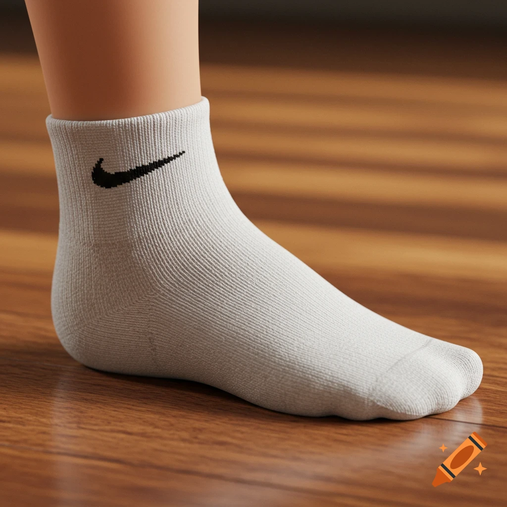 Close-up of a foot wearing a white Nike ankle sock with a black swoosh on a wooden floor.