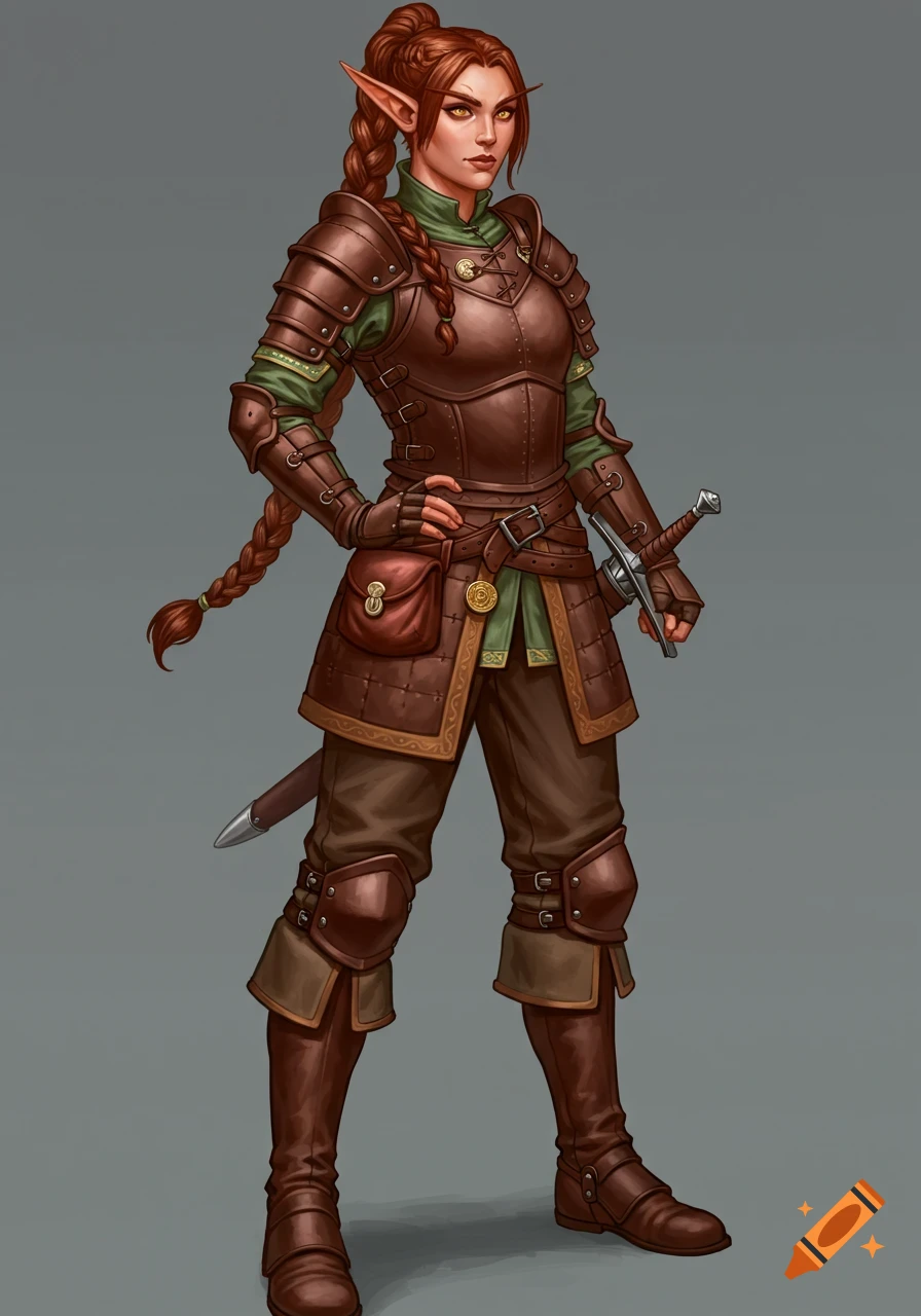A full-body illustration of a female half-elf in brown leather armor, with an auburn braided ponytail, holding a sword.