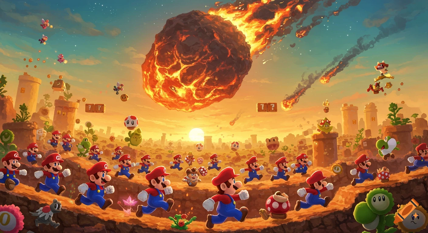 Many Marios and other Super Mario characters run across a landscape as a fiery asteroid falls from the sky at sunset.