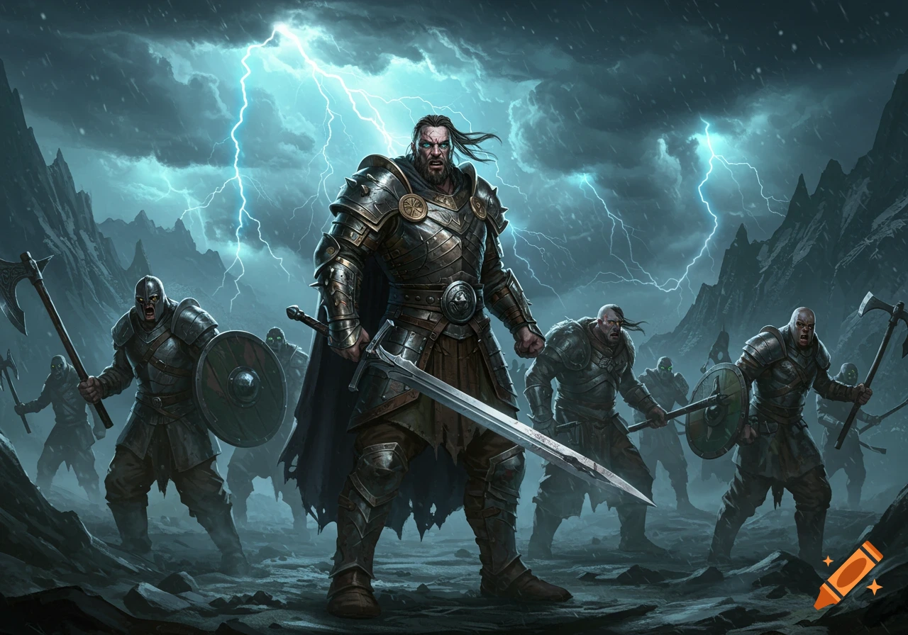 Heavily armored fantasy warriors with weapons stand in a stormy mountain landscape with lightning.