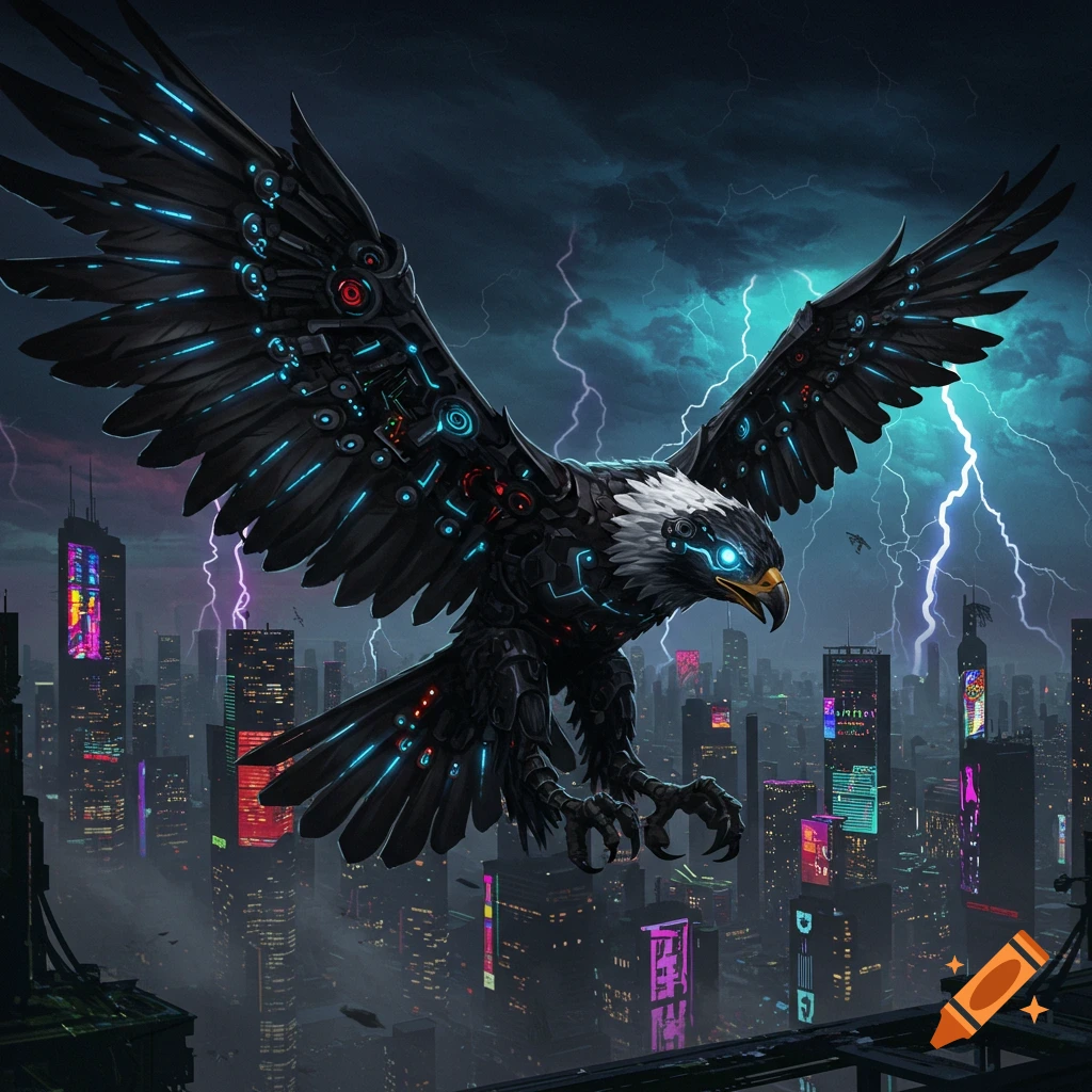 A dark, cybernetic eagle with glowing blue lights flies over a neon-lit futuristic city under a stormy, lightning-filled sky.