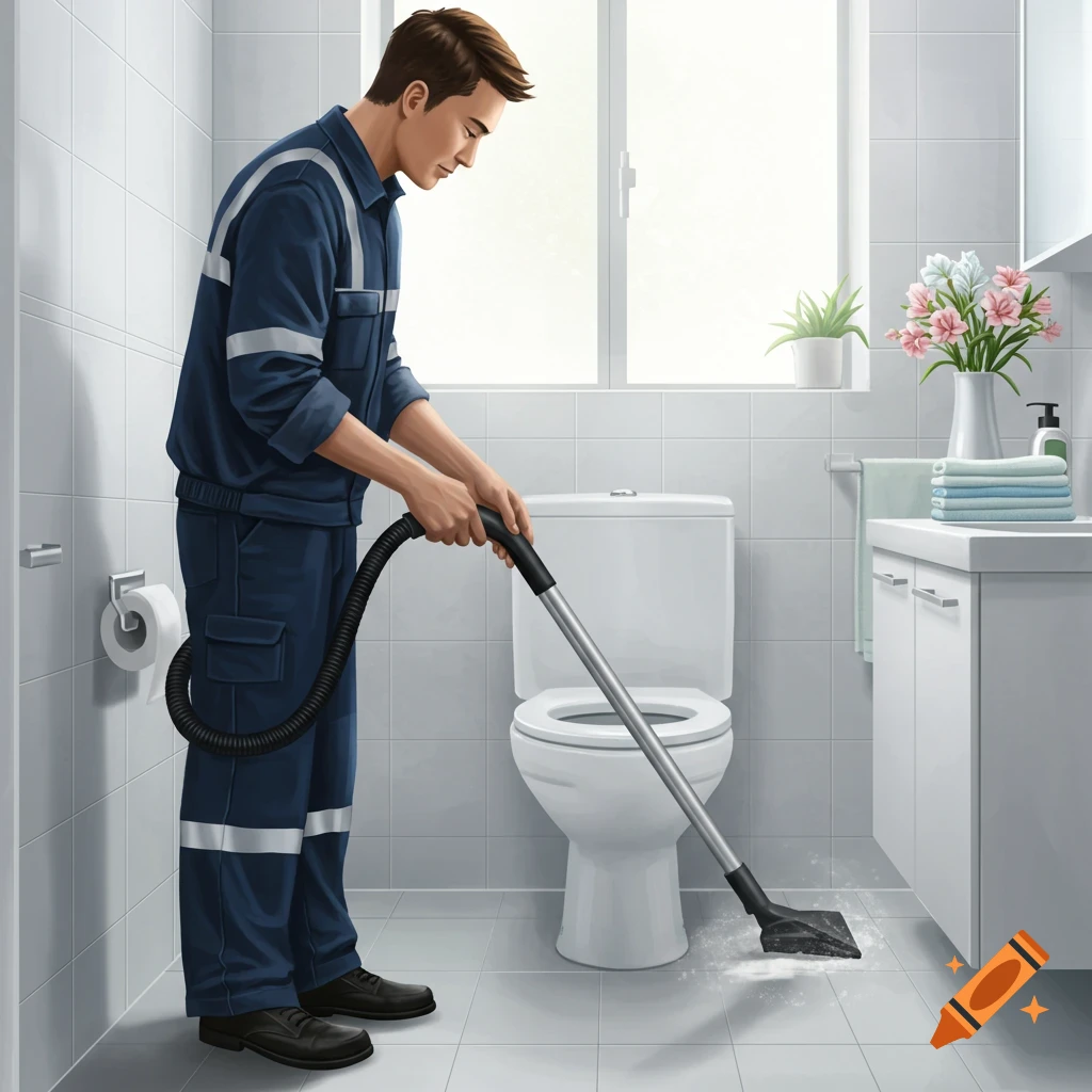 A man in blue work clothes vacuums the tiled floor of a bright bathroom next to a toilet.