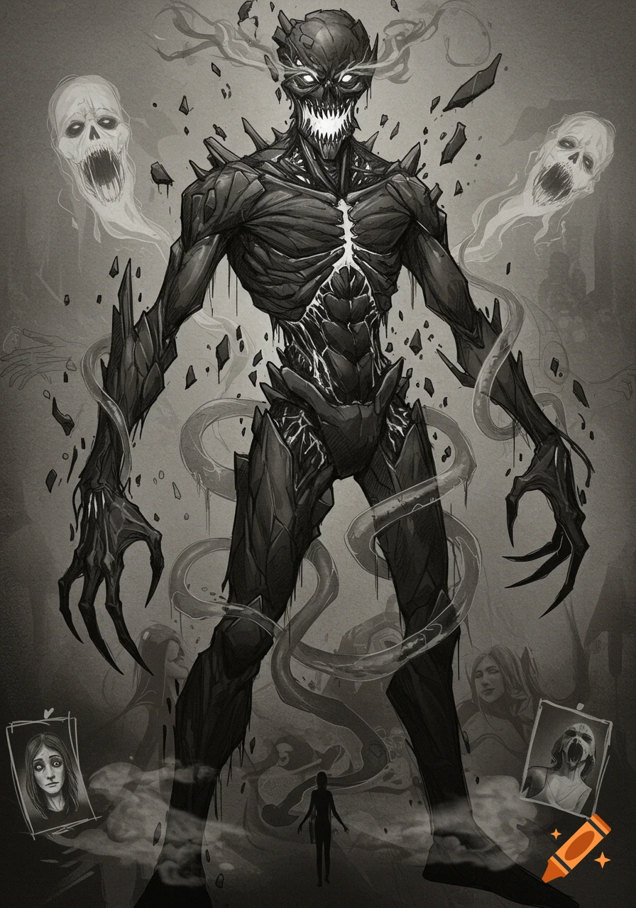A towering, monstrous humanoid figure made of jagged shards, with glowing eyes and sharp teeth, surrounded by smoky tendrils and ghostly figures in a dark, monochrome sketch.