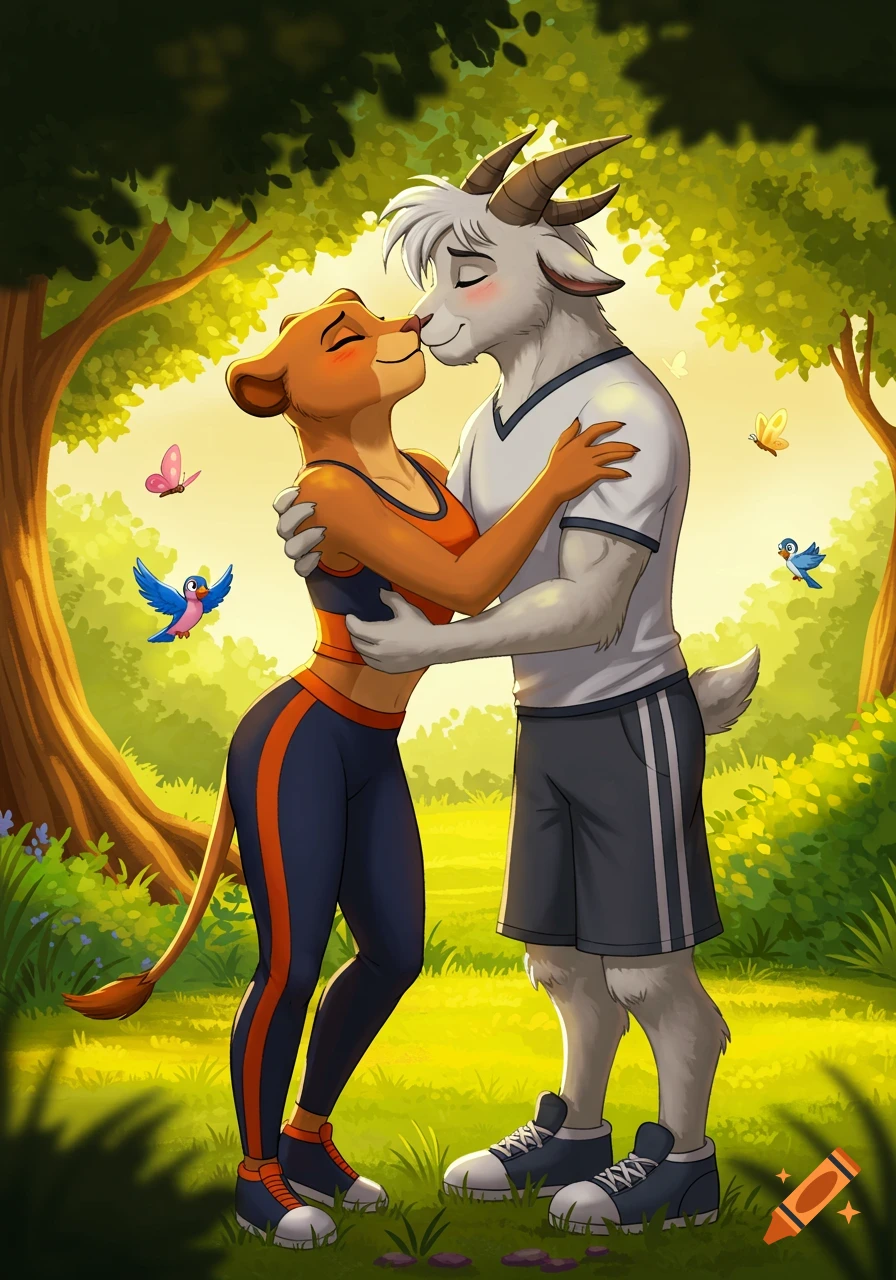 2D animated anthropomorphic lioness and goat in sportswear hugging and kissing in a sunny forest.