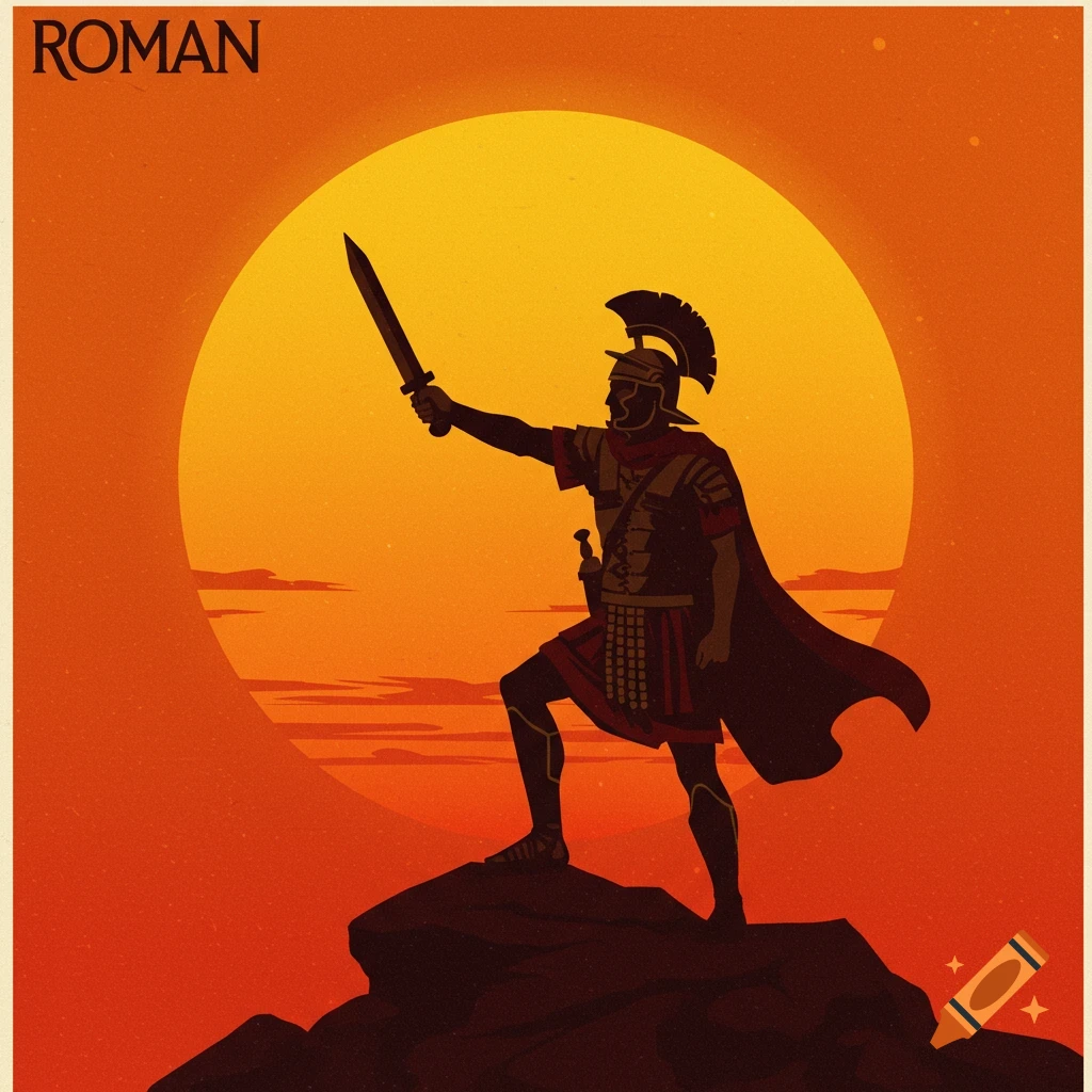Stylized illustration of a Roman soldier on a rock holding a sword towards a large orange sun. The word 'ROMAN' is at the top left.