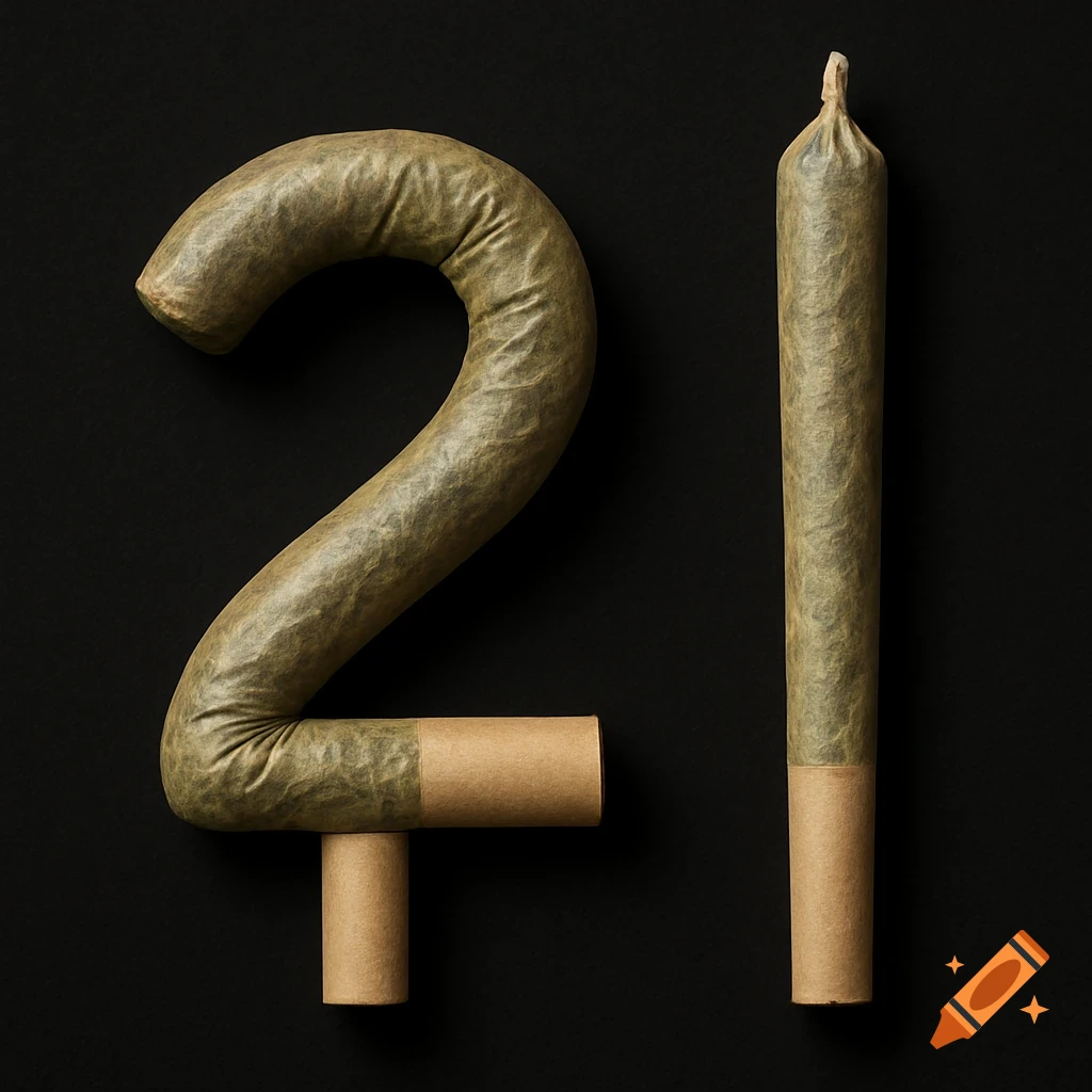 Two hyper-realistic cannabis joints shaped as the numbers '2' and '1' on a black background.