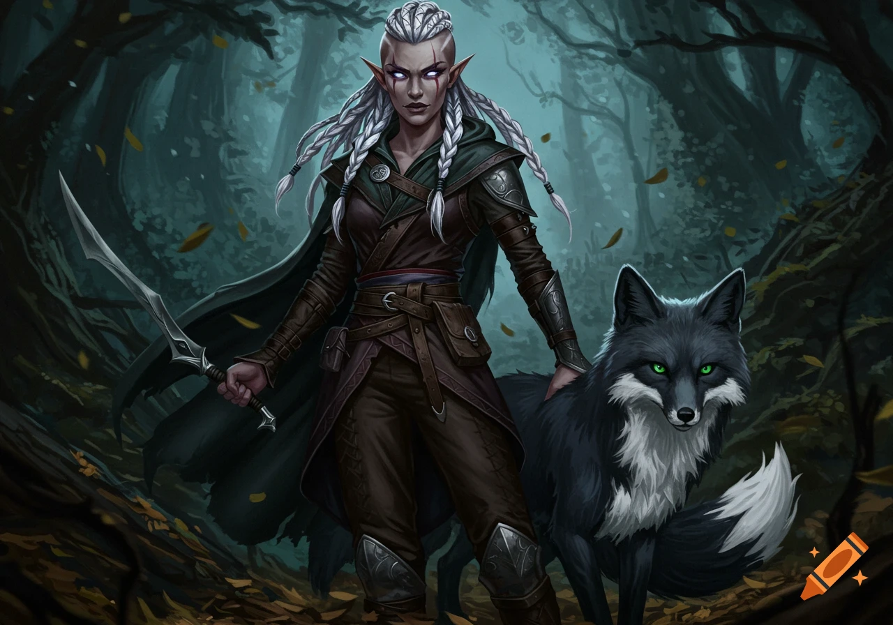 A white-haired elf warrior with glowing eyes and a sword stands with a black fox in a dark, mystical forest in a digital painting style.