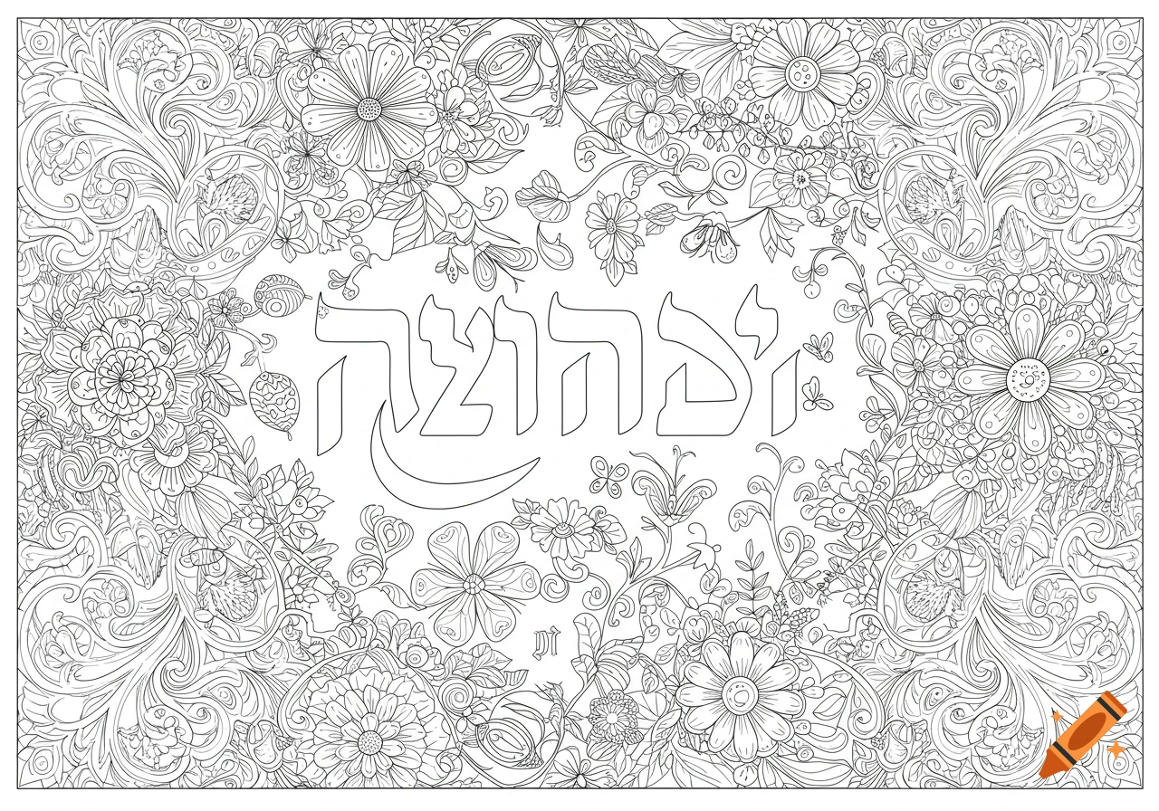 Black and white coloring page with intricate floral and vine borders surrounding Hebrew text 'Umodeh Ani' in the center.