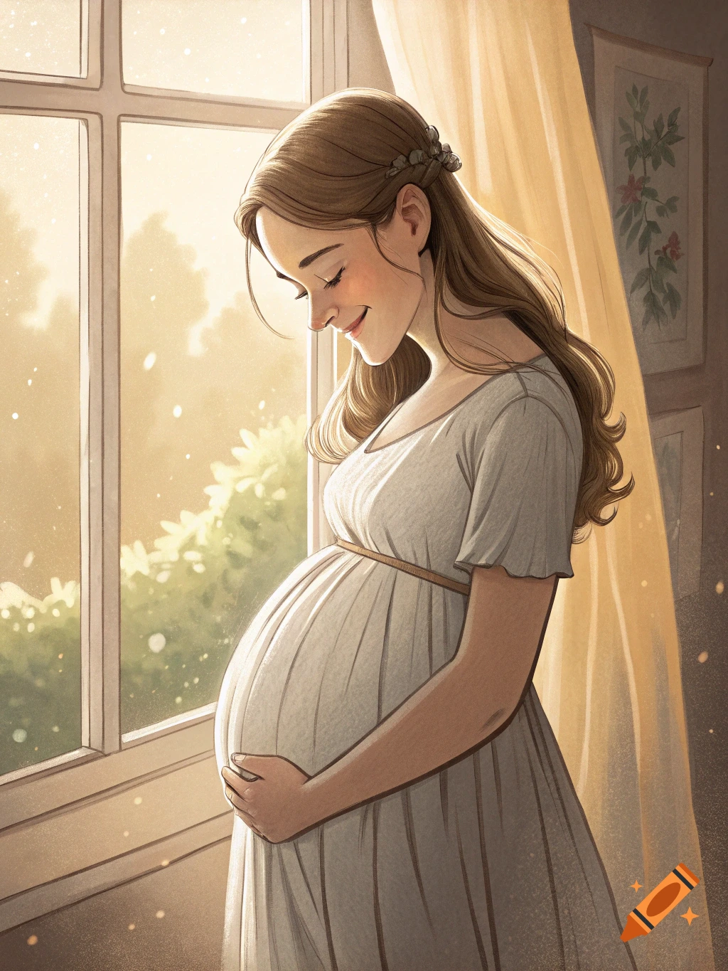 An illustrated pregnant woman stands by a sunlit window, gently holding her belly and smiling.