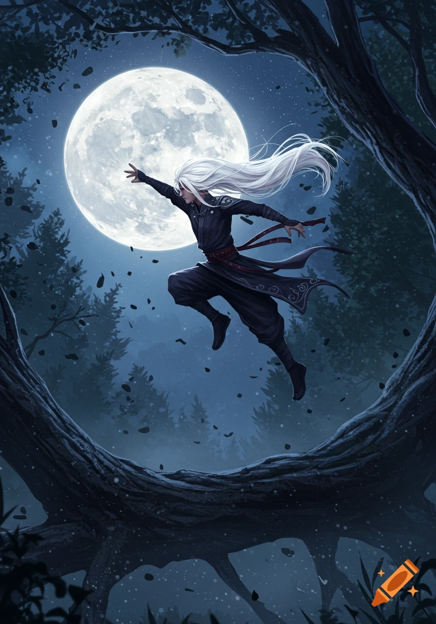 A long white-haired ninja leaps in a dark forest, silhouetted against a large full moon, digital art.