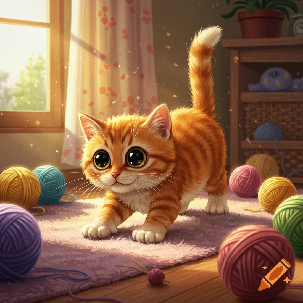 An adorable orange tabby kitten with large eyes playing with colorful balls of yarn on a rug in a sunlit room.