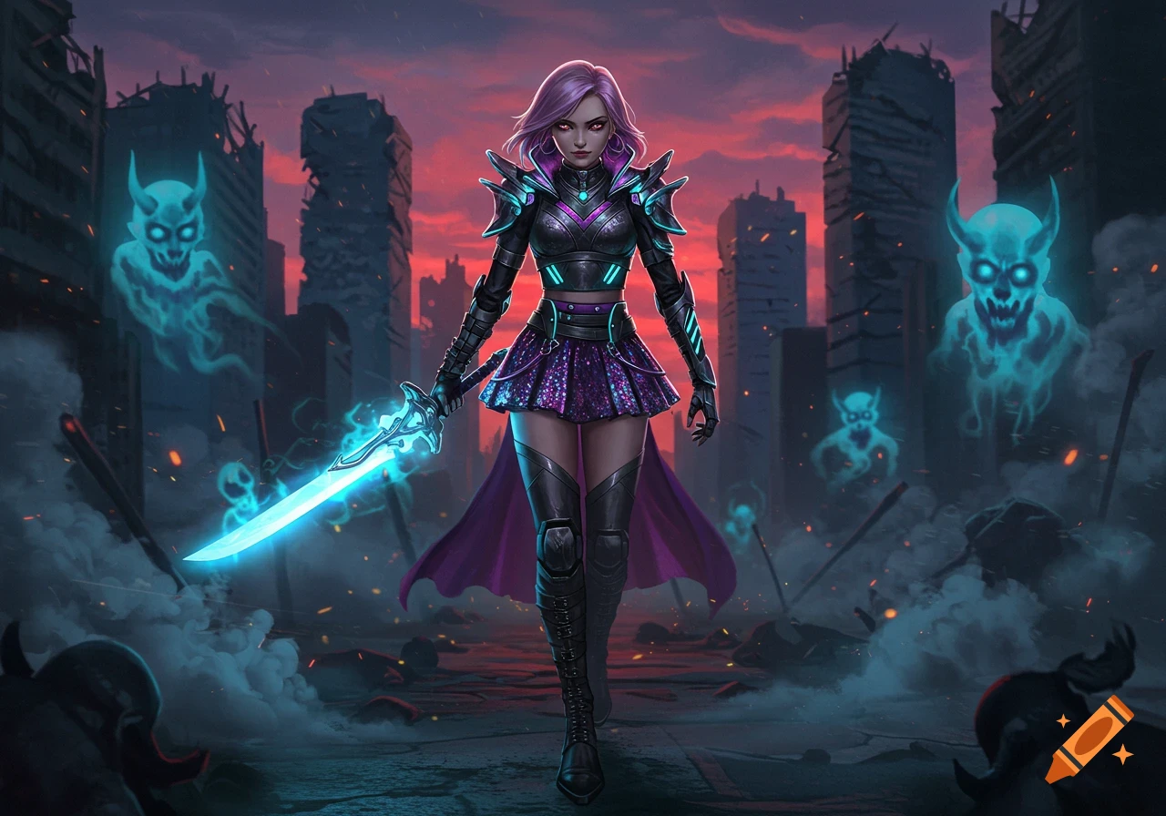 A female demon hunter with purple hair and glowing eyes stands in a ruined city, holding a bright blue glowing sword with ghostly figures surrounding her. The sky is red.