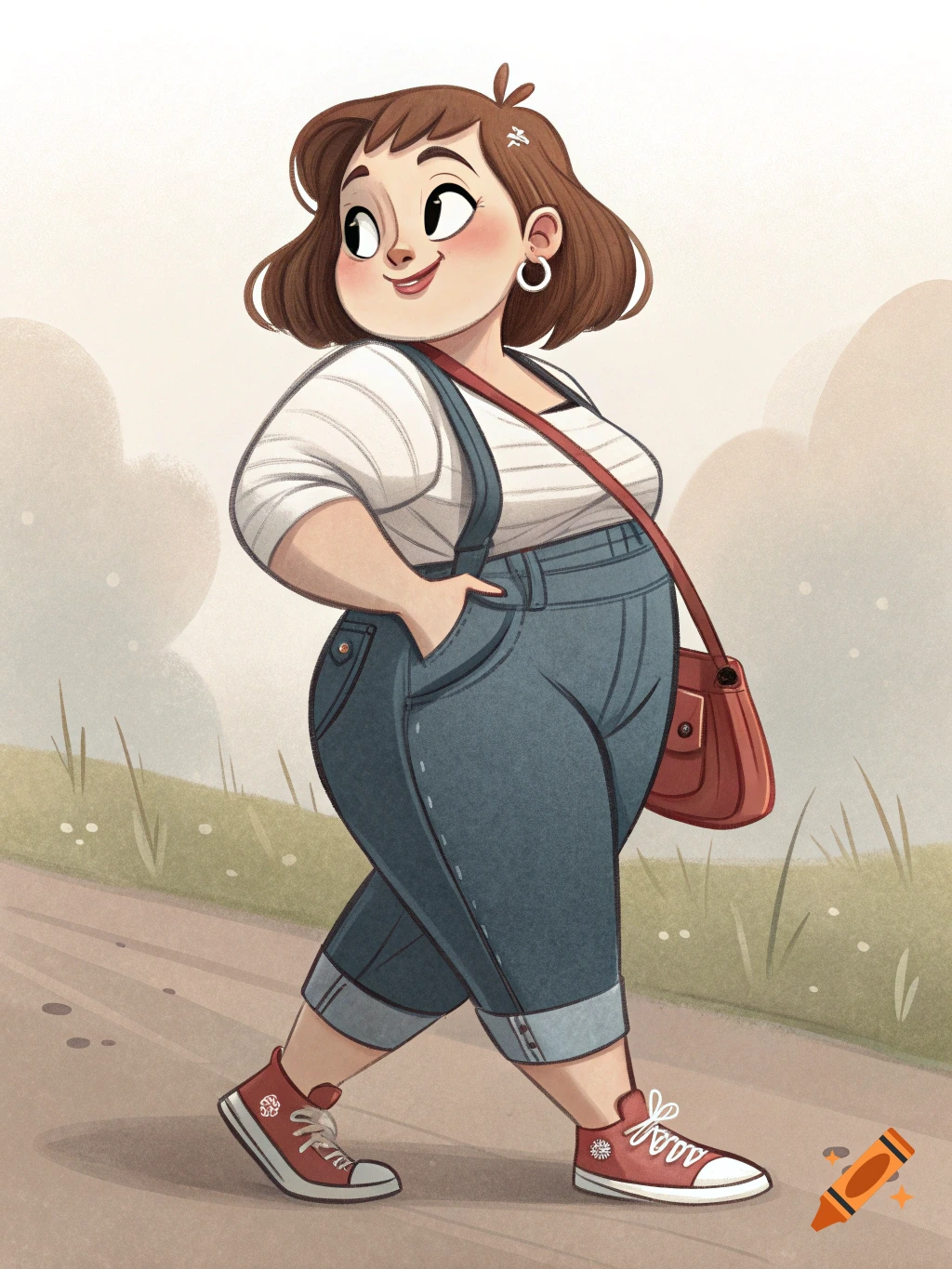 A smiling cartoon woman with short brown hair, wearing blue overalls and red sneakers, walks while looking over her shoulder.